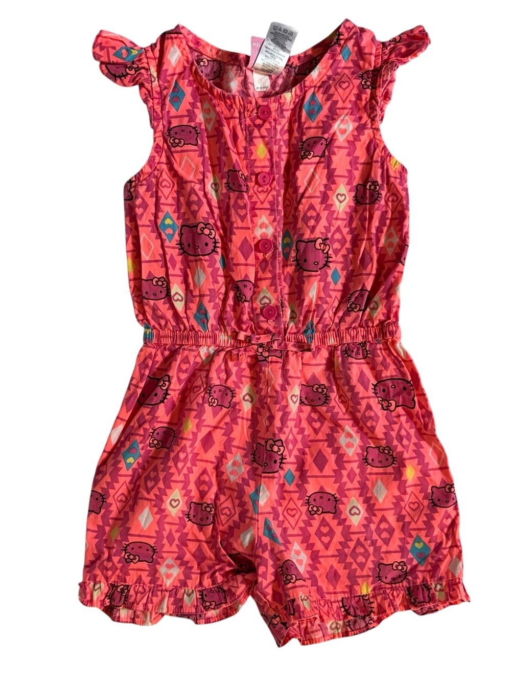Sanrio Hello Kitty Romper Girls 4T Pink Tribal Print 100% Cotton Cap Sleeves